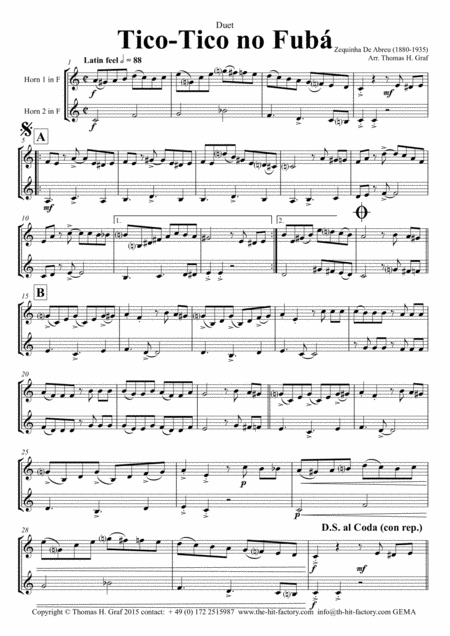 Tico Tico No Fub Choro Duet Horn Sheet Music