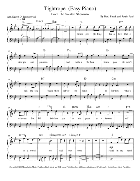 Tightrope From The Greatest Showman Easy Piano Sheet Music