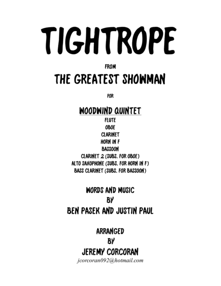 Tightrope From The Greatest Showman For Woodwind Quintet Sheet Music