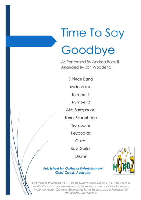 Time To Say Goodbye 9 Piece Chart Sheet Music