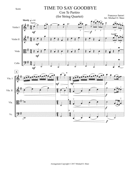 Time To Say Goodbye By Francesco Sartori For String Quartet Sheet Music