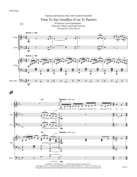 Free Sheet Music Time To Say Goodbye Duet With Chamber Ensemble