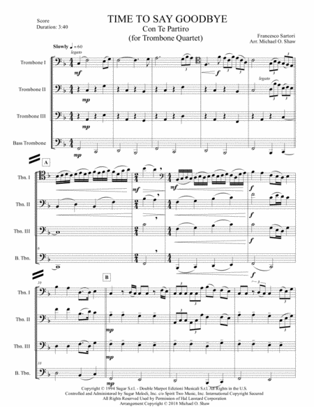 Free Sheet Music Time To Say Goodbye For Trombone Quartet 3 Tenors Bass Trombones