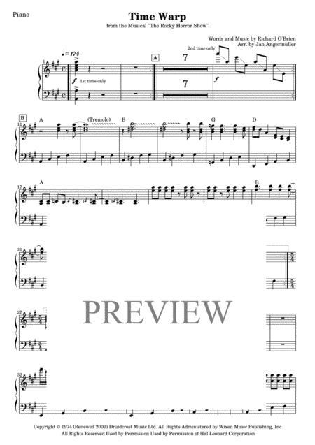 Free Sheet Music Time Warp Piano Transcription Of Original Rocky Horror Picture Show Recording