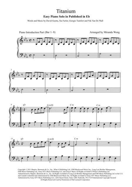 Free Sheet Music Titanium Easy Piano Solo In Published Eb Key C Key