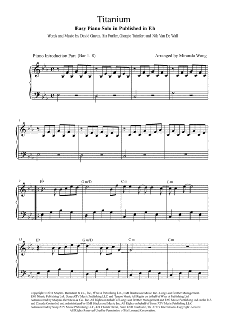 Titanium Easy Piano Solo In Published Eb Key With Chords Sheet Music