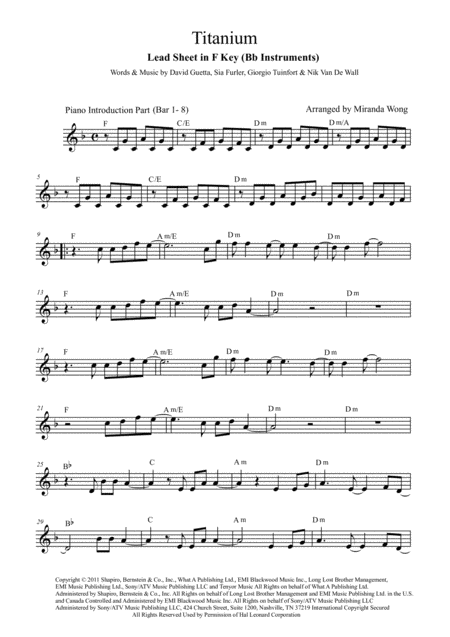 Free Sheet Music Titanium Lead Sheet In F Key With Chords