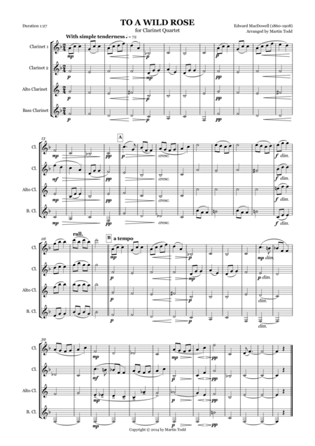 To A Wild Rose For Clarinet Quartet Sheet Music