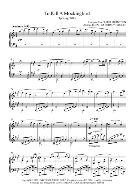 To Kill A Mockingbird Main Title Piano Sheet Music