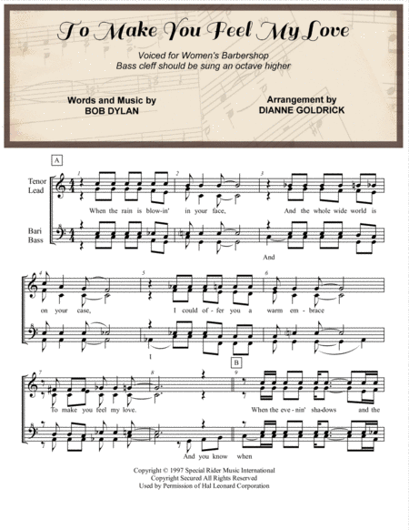 To Make You Feel My Love Womens Barbershop Choral Pricing Sheet Music