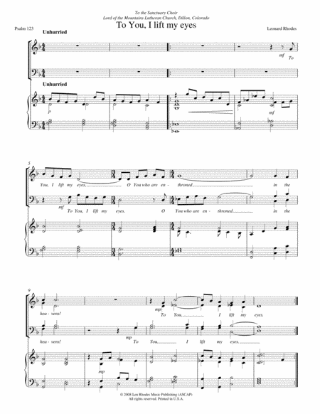 Free Sheet Music To You I Lift My Eyes Psalm 123 By Len Rhodes For Satb And Piano