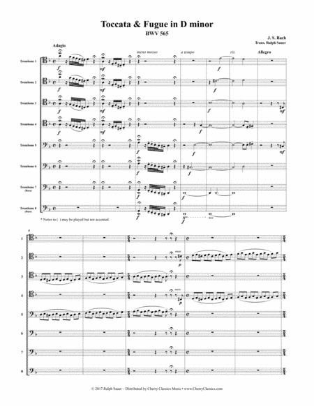Toccata Fugue In D Minor Bwv 565 For 8 Part Trombone Ensemble Sheet Music