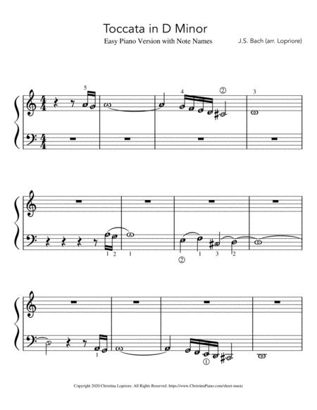 Free Sheet Music Toccata In D Minor Easy Piano Arrangement By Js Bach With Note Names