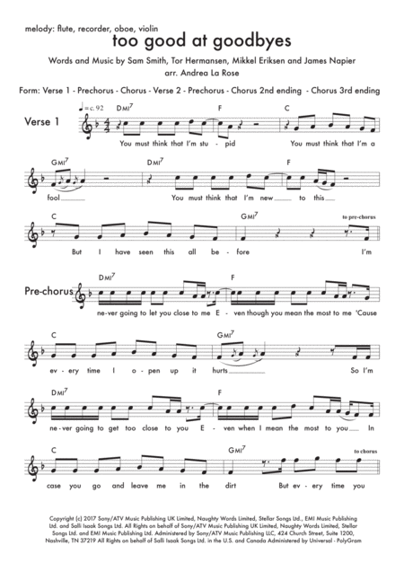 Too Good At Goodbyes Combo With Treble Clef C Instrument Guitar Bass Piano Drums Sheet Music