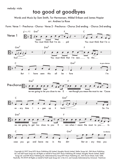 Too Good At Goodbyes Combo With Viola Guitar Bass Piano Drums Sheet Music