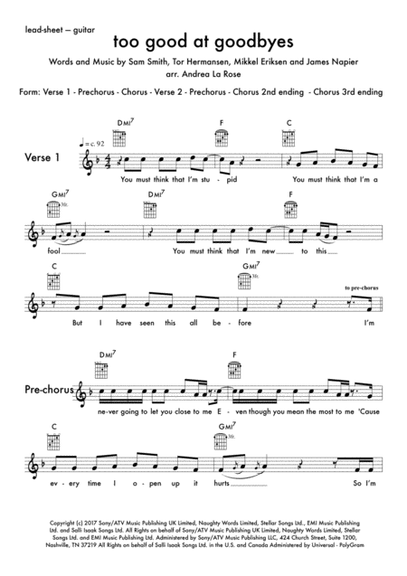 Too Good At Goodbyes Lead Sheet With Guitar Chords Sheet Music