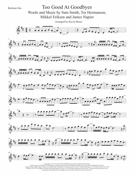 Too Good At Goodbyes Original Key Bari Sax Sheet Music