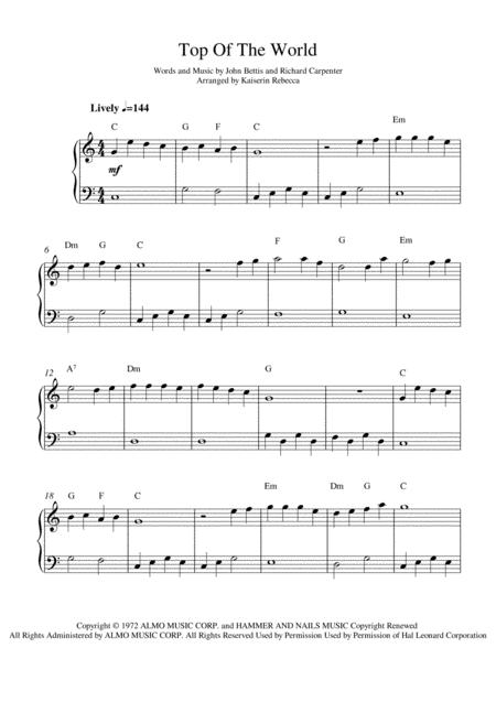 Free Sheet Music Top Of The World Easy Version