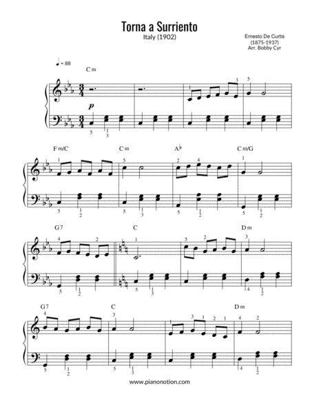 Free Sheet Music Torna A Surriento Ernesto De Curtis Piano Solo