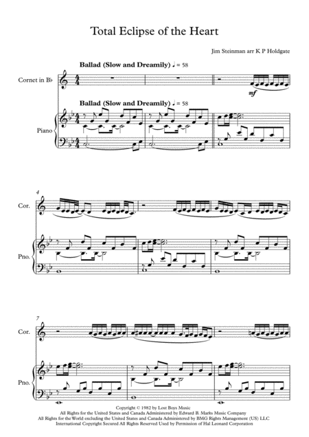 Total Eclipse Of The Heart Solo For Bb Trumpet Cornet Flugelhorn And Piano Sheet Music