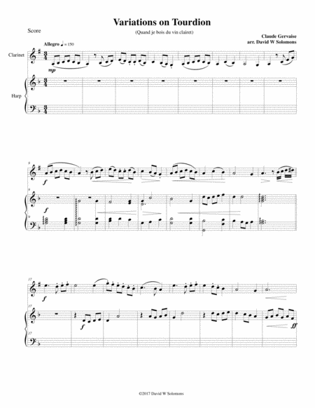 Free Sheet Music Tourdion Quand Je Bois Du Vin Clairet For Clarinet And Harp