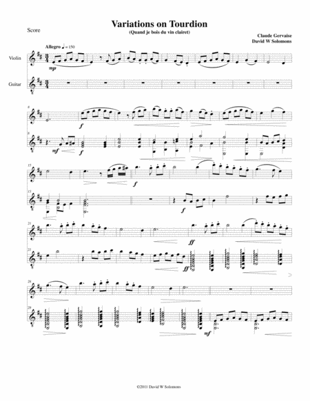 Free Sheet Music Tourdion Quand Je Bois Du Vin Clairet For Violin And Guitar