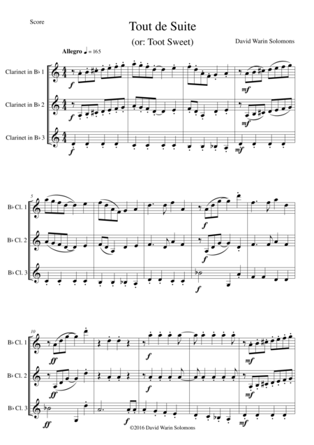 Tout De Suite Or Toot Sweet For Clarinet Trio 3 B Flat Clarinets Sheet Music