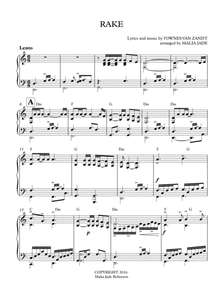 Townes Van Zandt Rake For Piano Solo Sheet Music