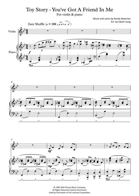 Toy Story You Ve Got A Friend In Me For Violin And Piano Including Part Score Sheet Music