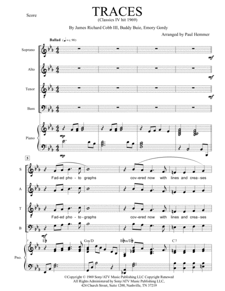 Free Sheet Music Traces Classics Iv 1969 Hit Satb Piano