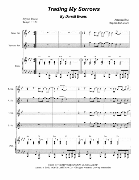 Free Sheet Music Trading My Sorrows For Saxophone Quartet And Piano