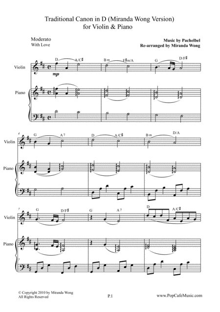 Free Sheet Music Traditional Canon In D For Violin Piano