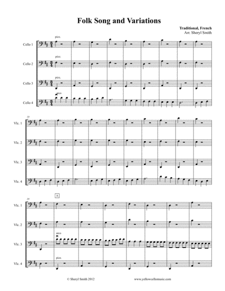 Traditional French Folk Song And Variation For Four Beginner Cellists Cello Quartet Sheet Music