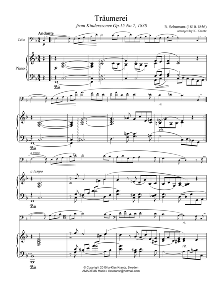 Free Sheet Music Traumerei Dreaming For Cello And Piano