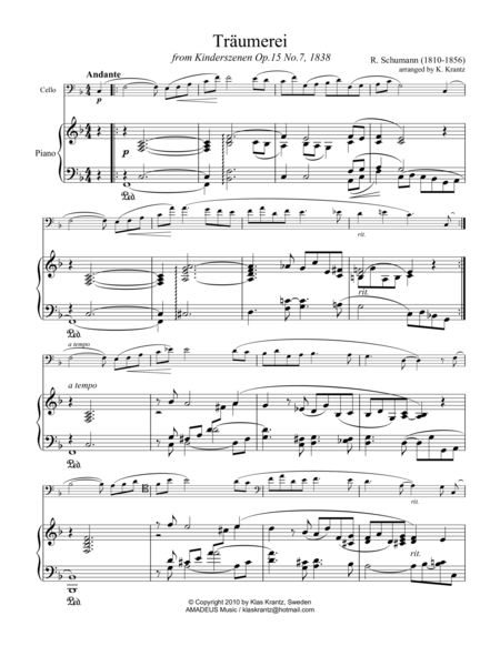 Traumerei Dreaming For Cello And Piano Sheet Music