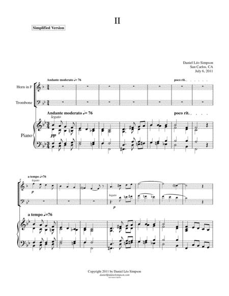 Trio For Horn Trombone And Piano 2nd Mov Simplified Sheet Music