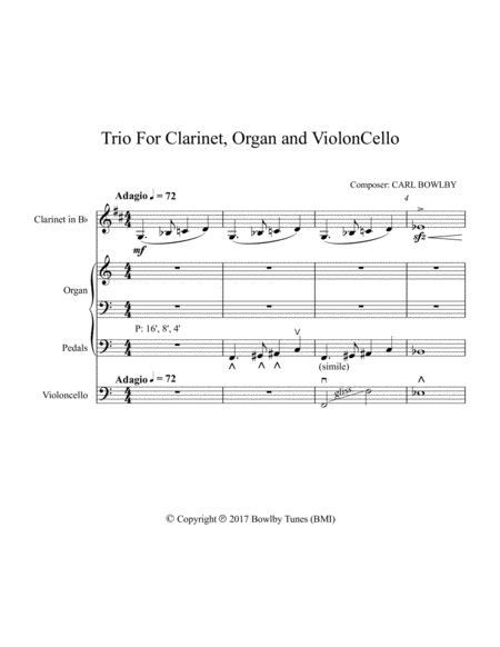 Trio For Organ Clarinet And Cello Sheet Music