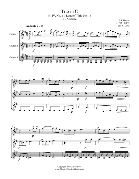 Free Sheet Music Trio In C H Iv No 1 Ii Andante Guitar Trio Score And Parts