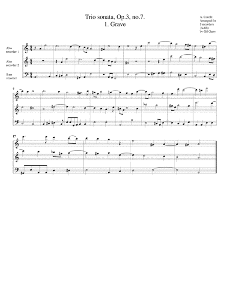 Free Sheet Music Trio Sonata Op 3 No 7 Arrangement For 3 Recorders