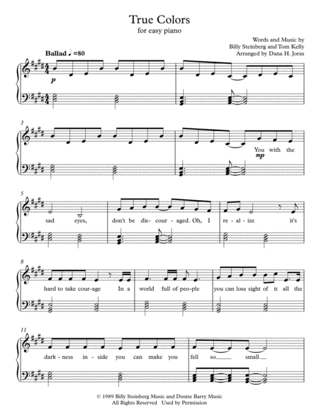 Free Sheet Music True Colors For Easy Piano