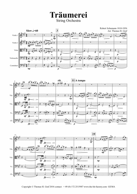 Trumerei Romantic Masterpiece By R Schumann String Orchestra Arrangement Thomas H Graf Sheet Music