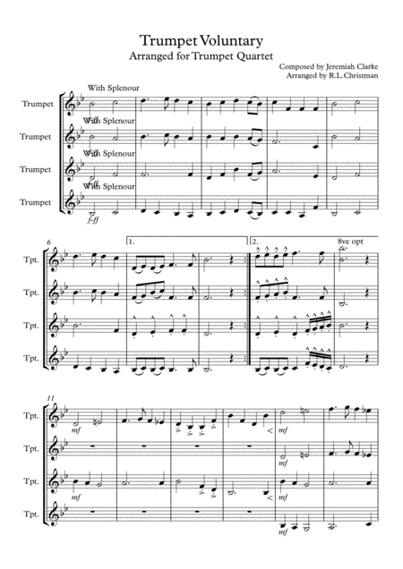 Free Sheet Music Trumpet Voluntary For 4 Trumpets In B Flat