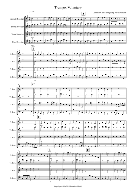 Free Sheet Music Trumpet Voluntary For Recorder Quartet