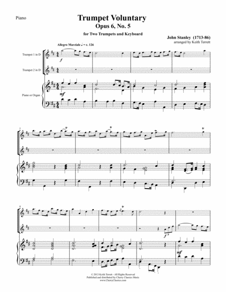 Free Sheet Music Trumpet Voluntary Op 6 No 5 For Two Trumpets And Piano Or Organ