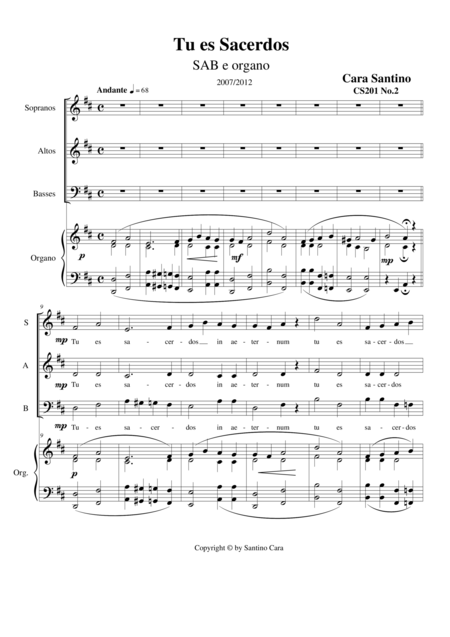 Free Sheet Music Tu Es Sacerdos Motet For Choir Sab And Organ