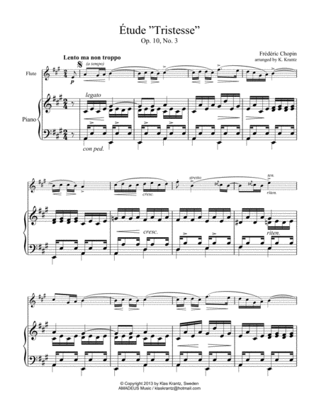 Free Sheet Music Tude Study Tristesse Op 10 No 3 Abridged Easy For Flute And Piano