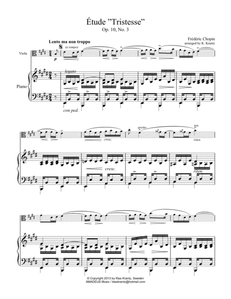 Tude Study Tristesse Op 10 No 3 Abridged Easy For Viola And Piano Sheet Music