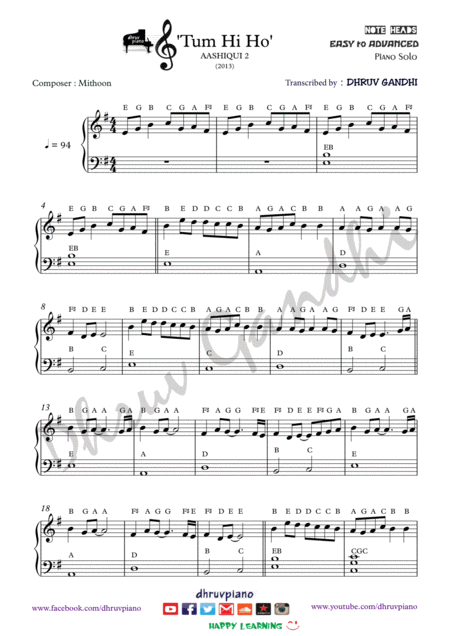 Tum Hi Ho Aashiqui 2 Piano Arrangement Easy To Advanced Sheet Music