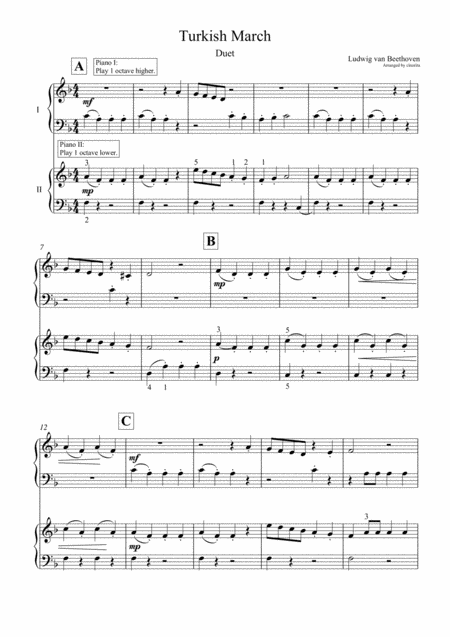 Free Sheet Music Turkish March By Beethoven Piano Duet For Beginners