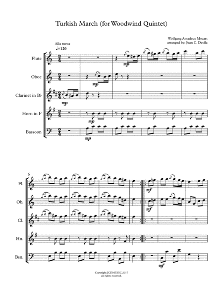 Turkish March For Woodwind Quintet Rondo Alla Turca Sheet Music